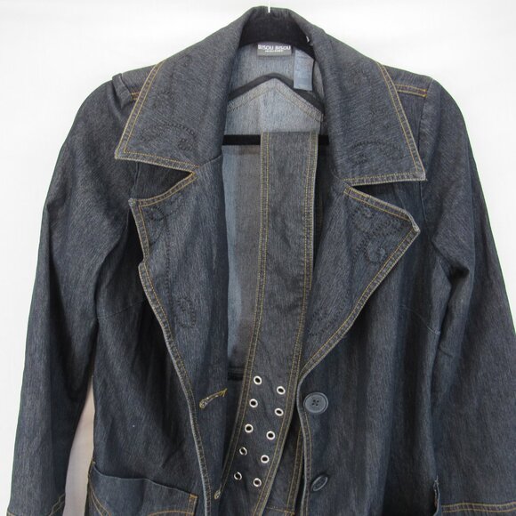 Bisou Bisou Michele Bohbot Women's 3 Button Blue Jean Jacket w/Belt Size Medium - Picture 2 of 11